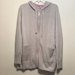 Isaac Mizrahi Hood Tie Front Zipped Cardigan Ribbed Cream/Pink Size Large Pocket